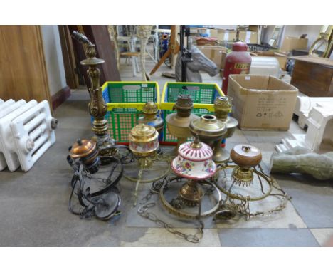 Assorted brass oil lamps, light fixtures, etc. 