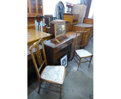 A pair of Edward VII inlaid mahogany chairs, a mahogany open bookcase, a toilet mirror and a half portrait, study of a lady 