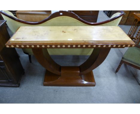 An Art Deco style walnut and maple effect console table 