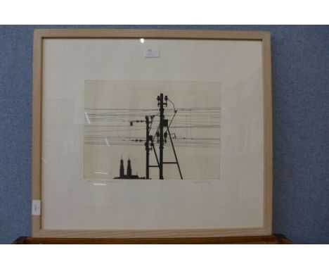 Harry Eccleston O.B.E. (1923 -2 010), Stockholm Variations No.2, electricity wires with a distant view of the twin towers of 
