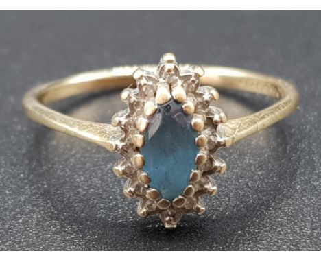 9ct yellow gold blue stone &amp; cubic zirconia cluster ring, size R, 2.2g gross