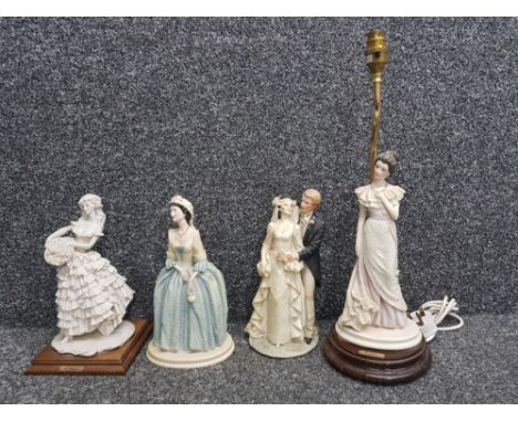 4 cast figures by Bellcari including table lamp with lady