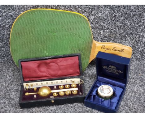 Boxed set of vintage brass scales with loose weights &amp; thermometer together with vintage left handed Bryam Merrett table 