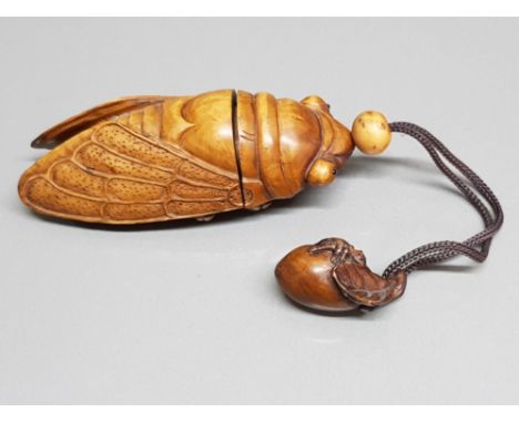 A Japanese carved wooden inro in the form of a cicada and a netsuke in the form of gourd with insect on.