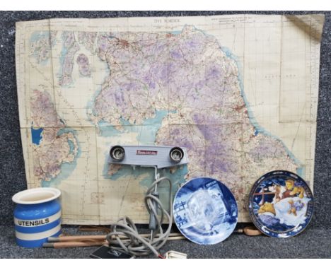 Large vintage ordnance survey map of the Highlands together with movie camera, collectors plates, riding crops and blue &amp;