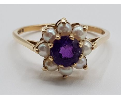 Ladies 9ct yellow gold purple stone and pearl cluster ring size R 2.6g gross