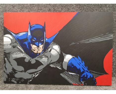 A large oil on canvas painting painting of DCs Batman the caped crusader, signed by the artis bottom right, 91x60.5cm