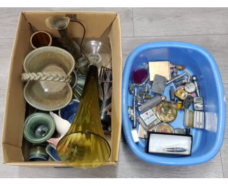 Basin of miscellaneous perfume bottles compacts gramophone needles nut crackers etc and a box of Irishwade glass vase.