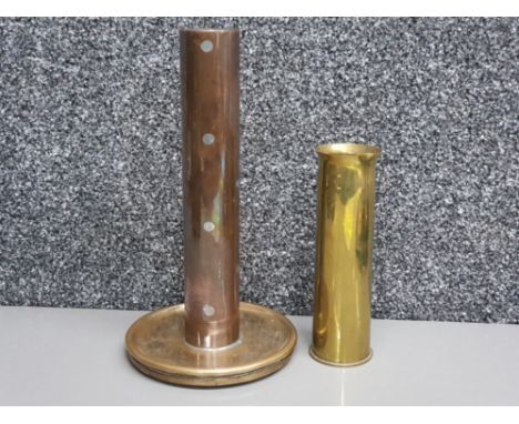 Heavy copper &amp; brass trench art vase/stand with brass shell casing