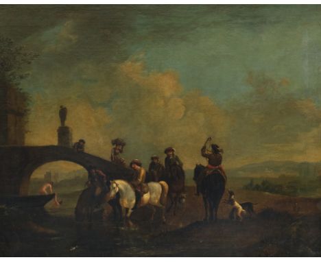 Wouwerman, Philips (1619 - 1668) nach, "Südliche Landschaft mit berittenen Jägern an einer Brücke und Badenden", Öl auf Leinw
