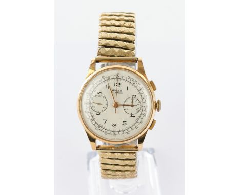 Anker, Herrenarmbanduhr, Chronograph, Gehäuse GG 750, helles Ziffernbatt mit Tachymeterskalierung und zwei Totalisatoren, ara