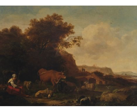 Klomp, Albert Jansz (um 1618 Amsterdam - 1688 ebenda, niederländischer Landschafts- und Tiermaler), "Landschaft mit Hirtin un