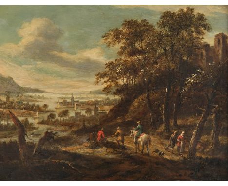 Verburgh, Dionys  (Rotterdam 1655 - 1722), "Flusslandschaft mit Staffage", Öl auf Holz, parkettiert, monogrammiert unten Mitt