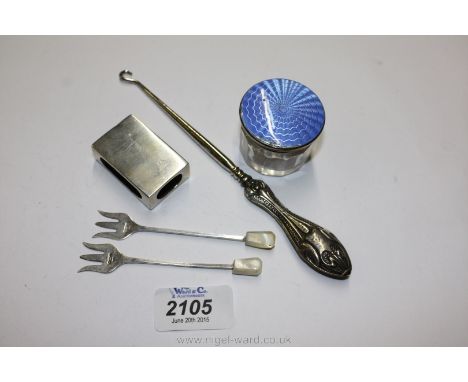 A white metal Matchbox Holder, Button Hook, two silver Pickle Forks and an enamel lidded Trinket Pot