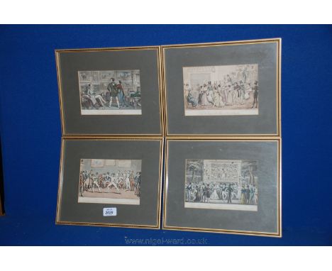 A set of four framed and mounted Cruickshank Etchings under glass of Georgian scenes, ''Jerry in training for a swells'', ''T