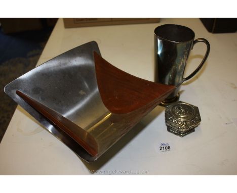 An Epns mug, 1970's stainless steel and wood fruit bowl and a white metal trinket pot