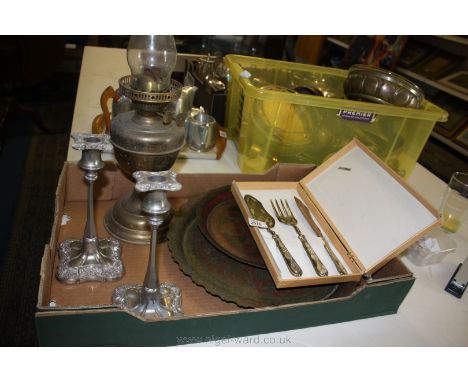 A quantity of Brass and plated items including candlesticks, trays, cake servers, lamp, etc.