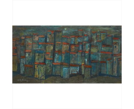 § Carlo Rossi R.S.W., R.S.I. (Scottish B.1921) Village by Moonlight Signed and dated '65, oil on board (Dimensions: 25cm x 45