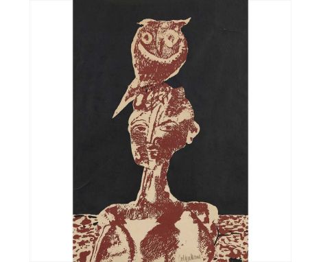§ Robert Colquhoun (Scottish 1914-1962) MAN WITH AN OWL Lithograph, signed in pencil (Dimensions: 62cm x 41.5cm (24.5in x 16.