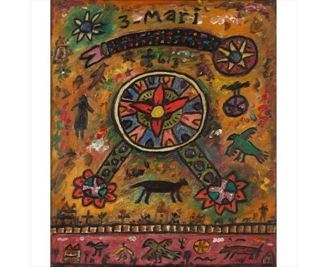 § Alan Davie C.B.E., R.A., H.R.S.A. (British 1920-2014) Three Mari Signed and dated '03 verso, oil on board (Dimensions: 30cm
