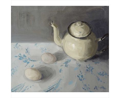 § SERENA ROWE (SCOTTISH CONTEMPORARY) TEAPOT AND TWO DUCK EGGS Signed, signed and inscribed verso, oil on board (Dimensions: 