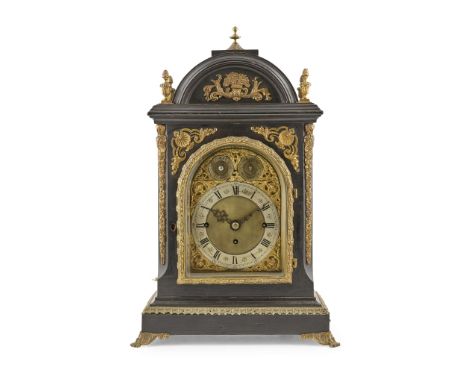  GEORGIAN STYLE EBONISED AND GILT BRASS QUARTER STRIKING AND CHIMING TABLE CLOCK LATE 19TH CENTURY the gilt arched dial with 