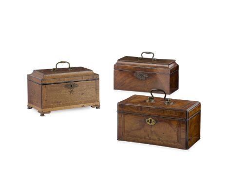  THREE GEORGE III TEA CADDIES LATE 18TH/ EARLY 19TH CENTURY all of rectangular form with brass swing handles; including a cro