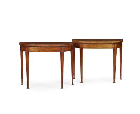  PAIR OF GEORGE III MAHOGANY, SATINWOOD AND BRASS INLAID CARD TABLES LATE 18TH CENTURY in the Sheraton style, the D shaped to