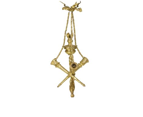  GILT METAL TORCH CHANDELIER EARLY 20TH CENTURY the ribbon-tied corona above three cast chains united by a central flaming ur