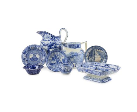  GROUP OF BLUE AND WHITE TRANSFER PRINTED POTTERY OF SCOTTISH INTEREST 19TH CENTURY comprising two jugs, one Rathbone of Port