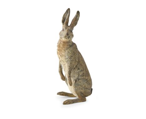  AUSTRIAN COLD PAINTED BRONZE FIGURE OF A HARE, BY FRANZ XAVER BERGMAN (AUSTRIAN 1861-1936) EARLY 20TH CENTURY seated on its 
