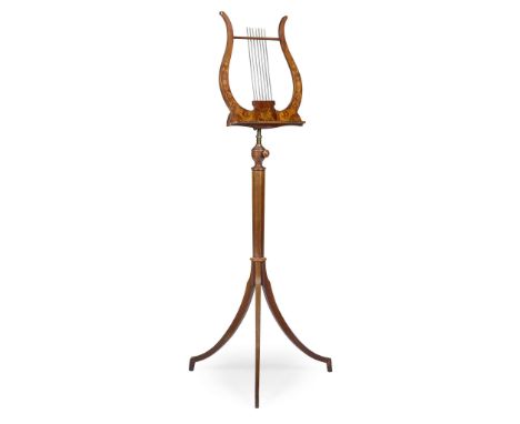  GEORGIAN STYLE SATINWOOD AND MARQUETRY MUSIC STAND LATE 19TH/ EARLY 20TH CENTURY the lyre form music rest with brass 'string