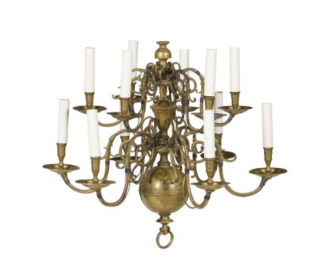  DUTCH BRASS TWELVE BRANCH CHANDELIER 18TH / 19TH CENTURY with a central baluster stem with orb base and two tiers of six, sc