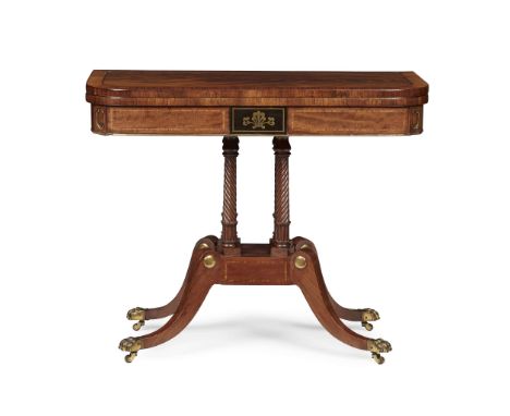  REGENCY MAHOGANY, ZEBRA WOOD, EBONY AND BRASS CARD TABLE EARLY 19TH CENTURY the D shaped fold-over top crossbanded and outli