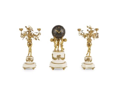  FRENCH GILT BRONZE AND WHITE MARBLE CLOCK GARNITURE LATE 19TH / EARLY 20TH CENTURY the dial with applied gilt Roman numbers 