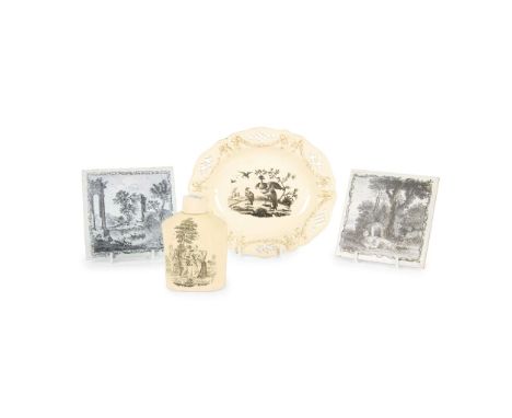  FOUR SADLER AND GREEN PRINTED WARES LATE 18TH CENTURY comprising a creamware oval dish, the rim with moulded swags with gilt