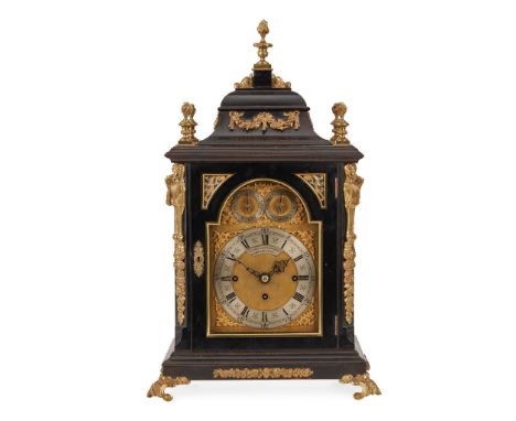  GEORGIAN STYLE EBONISED AND GILT BRASS QUARTER STRIKING AND CHIMING TABLE CLOCK LATE 19TH CENTURY the gilt break arch dial w