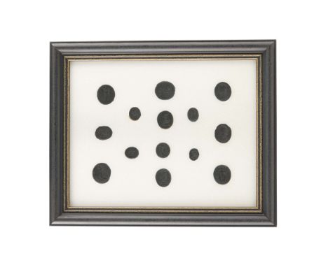  COLLECTION OF FOURTEEN WEDGWOOD AND BENTLEY BLACK BASALT INTAGLIOS LATE 18TH CENTURY within a double-sided frame, each intag