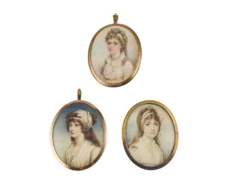  GROUP OF THREE PORTRAIT MINIATURES OF LADIES LATE 18TH / EARLY 19TH CENTURY all of oval form, watercolour and body colour on