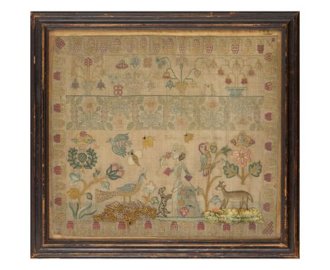  SCOTTISH GEORGE II NEEDLEWORK SAMPLER, WORKED BY BARBARA DALZIEL DATED 1750 in silk on fine linen, with a top border of flow