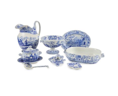  COLLECTION OF SPODE BLUE AND WHITE CARAMANIAN CERAMICS 19TH CENTURY comprising a small tureen with cover, ladle and stand, t