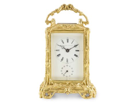  FRENCH GILT CAST BRASS ALARM CARRIAGE CLOCK, BY A. B. SAVORY AND SONS, PARIS 19TH CENTURY the signed white enamel dial with 