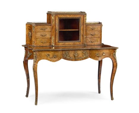  VICTORIAN GILT BRONZE MOUNTED BURR WALNUT AND KINGWOOD BONHEUR DE JOUR 19TH CENTURY the superstructure with a central glazed