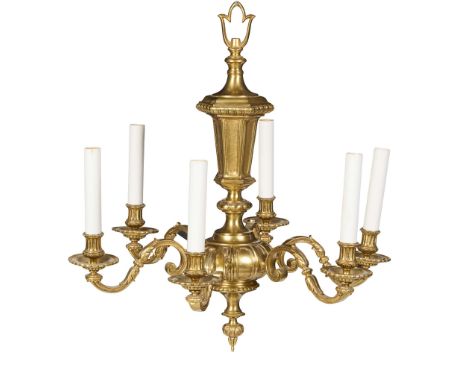  GILT BRASS SIX BRANCH CHANDELIER 19TH CENTURY with baluster central hexagonal column supporting six scrolled moulded candle 