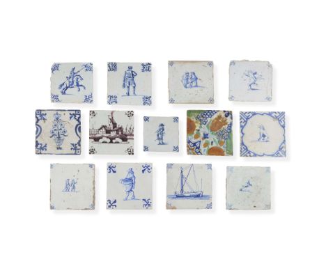  COLLECTION OF TWELVE DUTCH DELFT TILES 19TH CENTURY examples including a man on horseback, a winged putto, a vase issuing fl