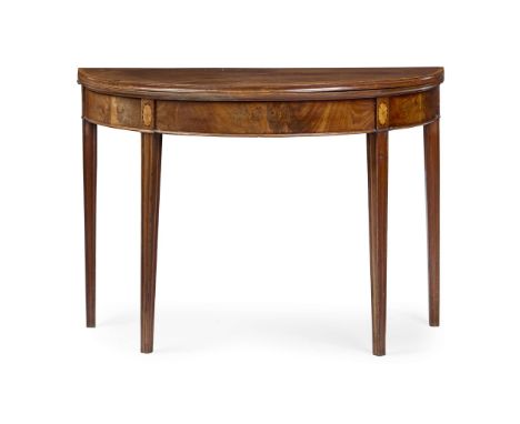  GEORGE III MAHOGANY DEMILUNE AND INLAY CARD TABLE LATE 18TH CENTURY the fold-over crossbanded top opening on double gatelegs