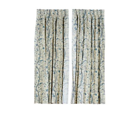  PAIR OF LINED AND INTERLINED CURTAINS MODERN in a blue and cream repeating pattern of leafing trees with pomegranates Each p