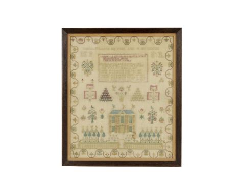  SCOTTISH NEEDLEWORK HOUSE SAMPLER, WORKED BY ISABELLA FULLARTON DATED 1828 in silk on fine linen, signed to the top ‘Isabell