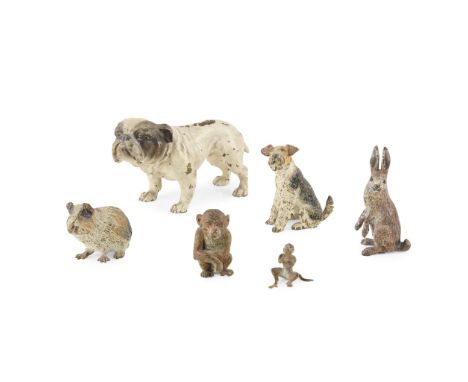 GROUP OF AUSTRIAN COLD PAINTED BRONZE FIGURES OF ANIMALS EARLY 20TH CENTURY including a bulldog, a fox terrier, a hare, a gu