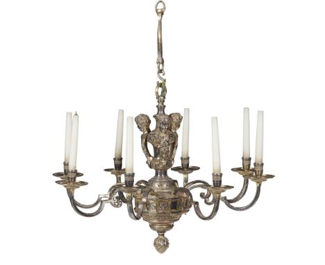  DUTCH BAROQUE STYLE EIGHT LIGHT SILVERED METAL CHANDELIER EARLY 20TH CENTURY with scrolling arms centred by a knopped column